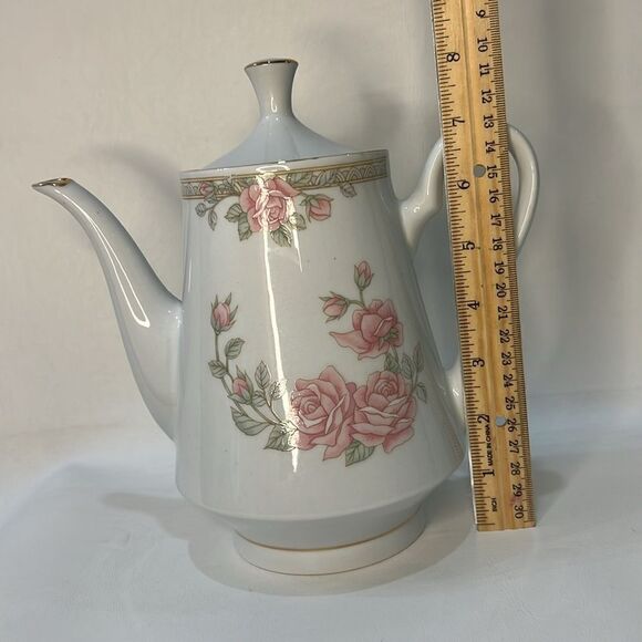 Crown Ming Fine China Jian Shiang Tea Coffee Pot Lid Rose Floral Gold 8 In Tall - Picture 7 of 11
